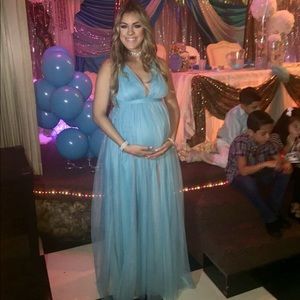 Long light blue dress.